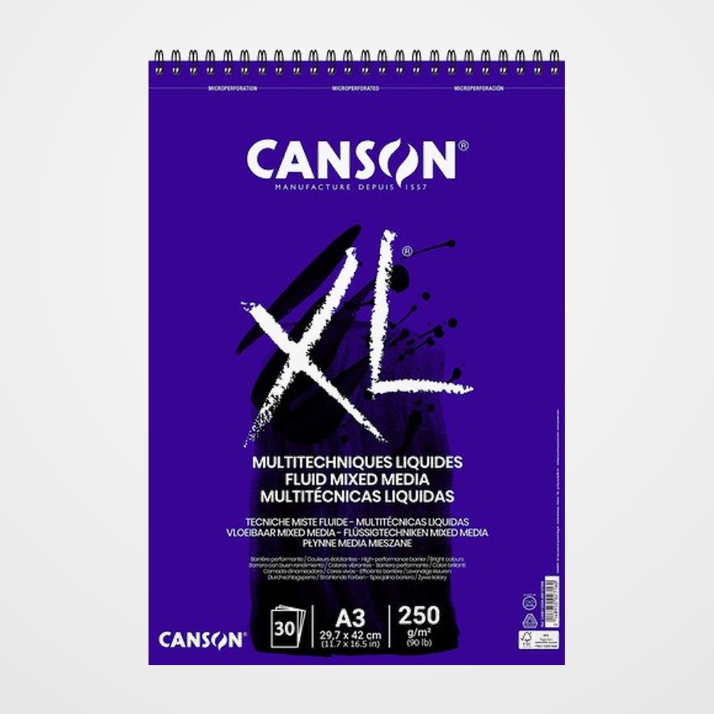 BLOC DE DIBUJO CANSON XL FLUID MIX MEDIA CON ESPIRAL LISO A3 250g 30h