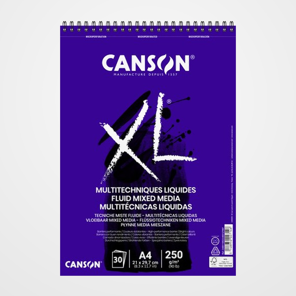 BLOC DE DIBUJO CANSON XL FLUID MIX MEDIA CON ESPIRAL LISO A4 250g 30h