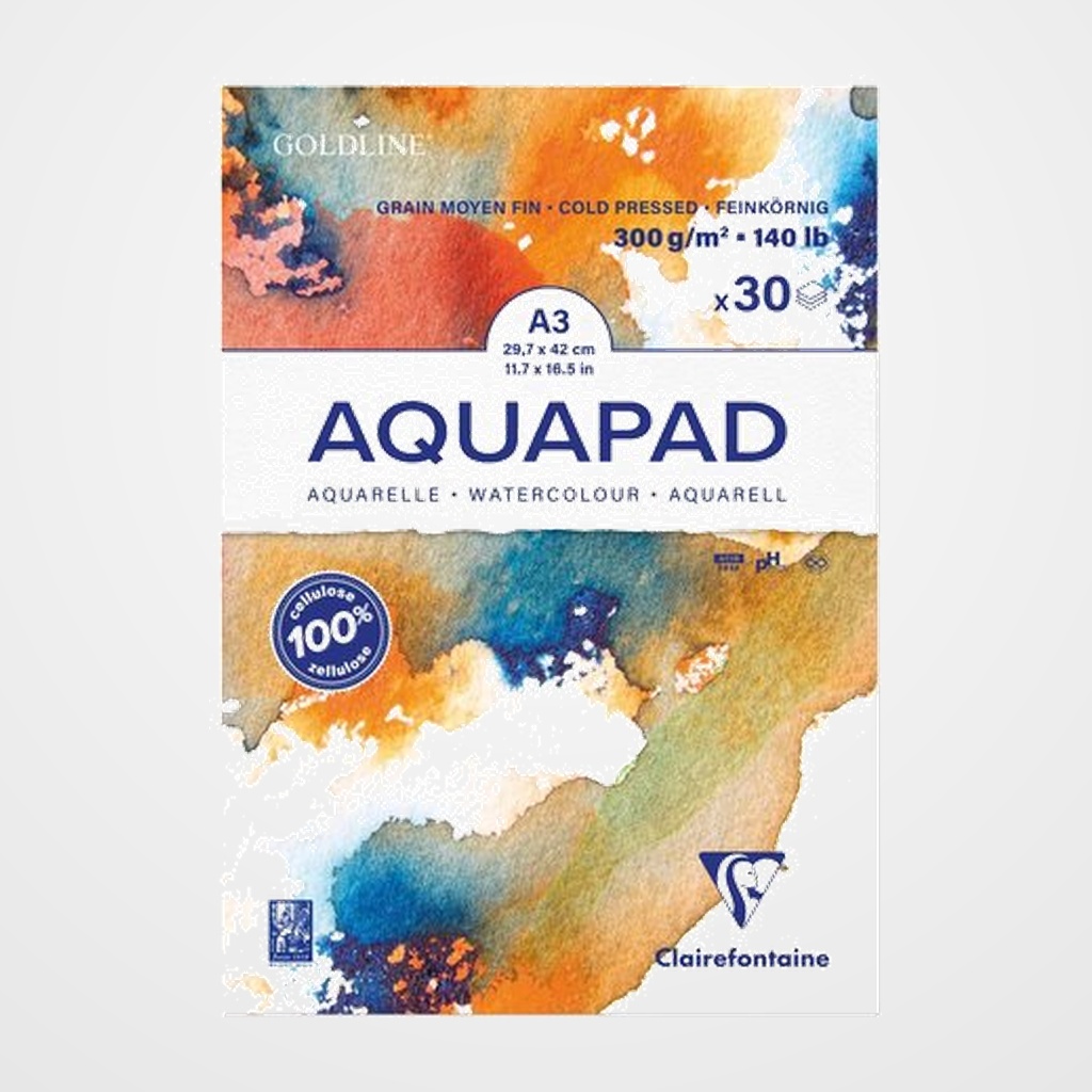 BLOC DE DIBUJO CLAIREFONTAINE AQUAPAD ENCOLADO BLANCO GRANO MEDIO-FINO  TECNICAS HUMEDAS A3 300g 30h