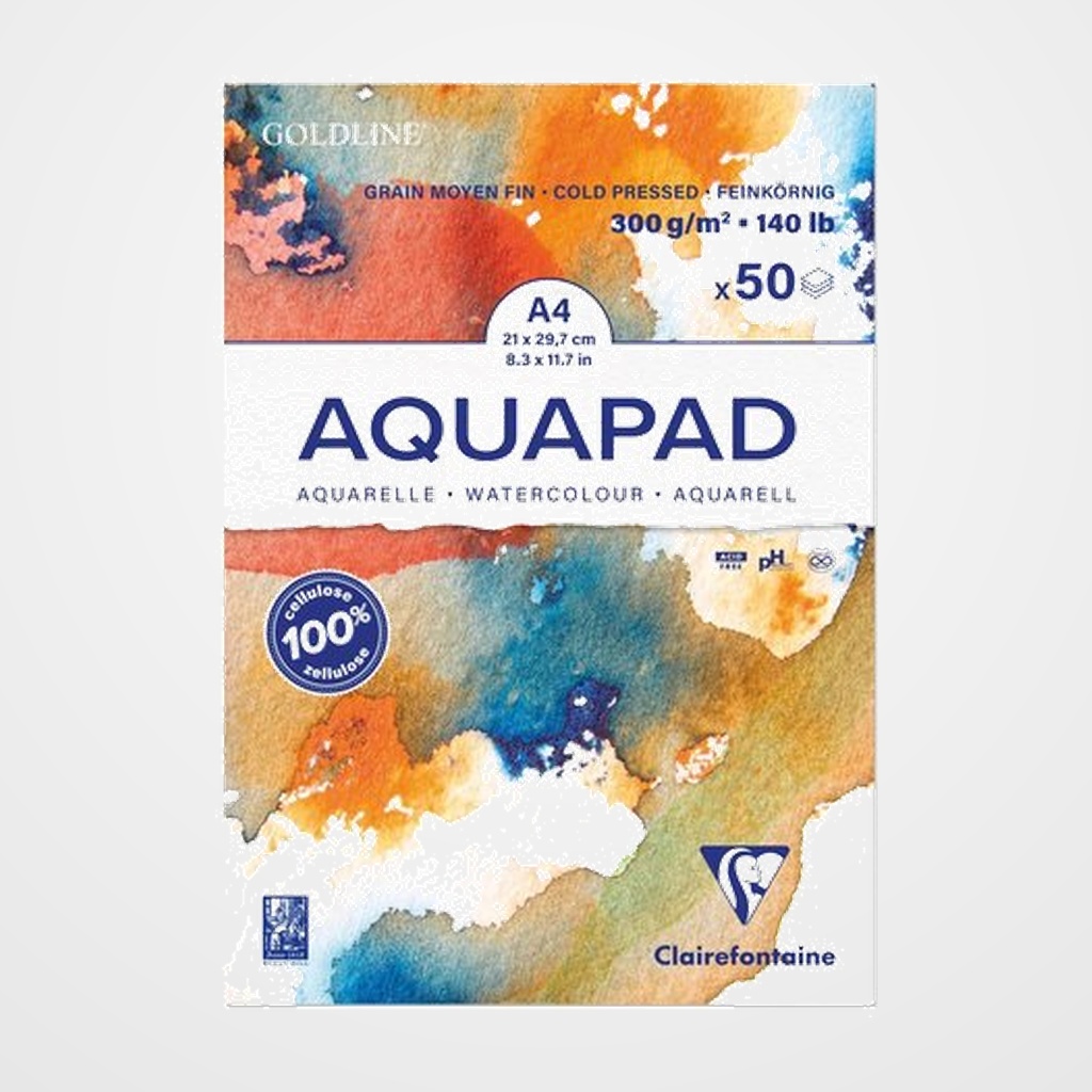 BLOC DE DIBUJO CLAIREFONTAINE AQUAPAD ENCOLADO BLANCO GRANO MEDIO-FINO TECNICAS HUMEDAS A4 300g 50h
