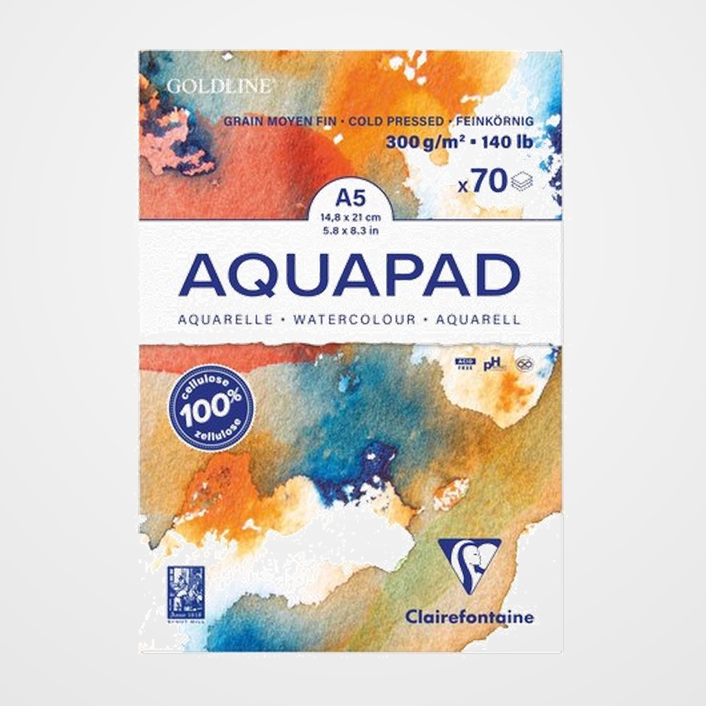 BLOC DE DIBUJO CLAIREFONTAINE AQUAPAD ENCOLADO BLANCO GRANO MEDIO-FINO TECNICAS HUMEDAS A5 300g 70h