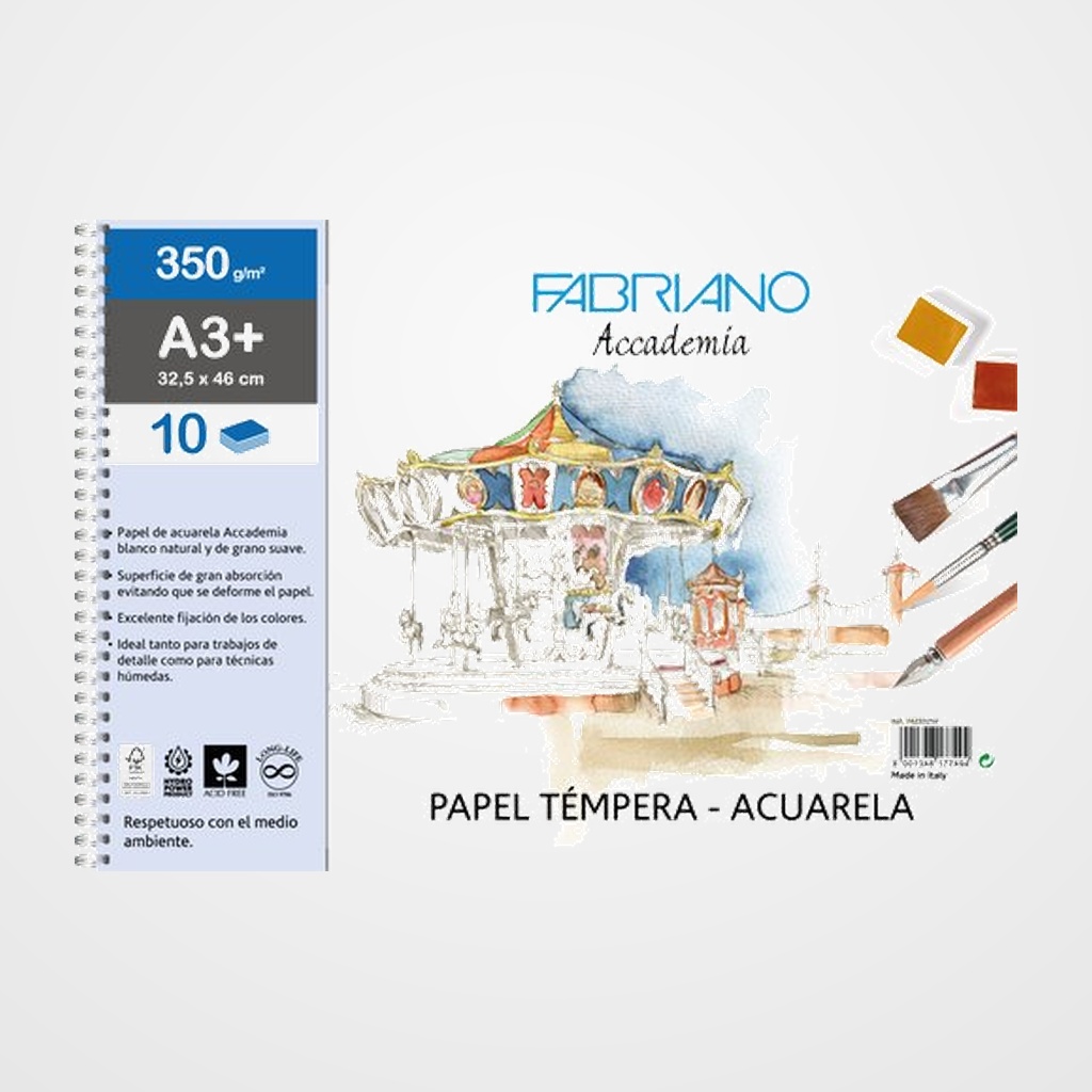 BLOC DE DIBUJO FABRIANO ACCADEMIA CON ESPIRAL LISO TECNICAS HUMEDAS A3+ 350g 10h