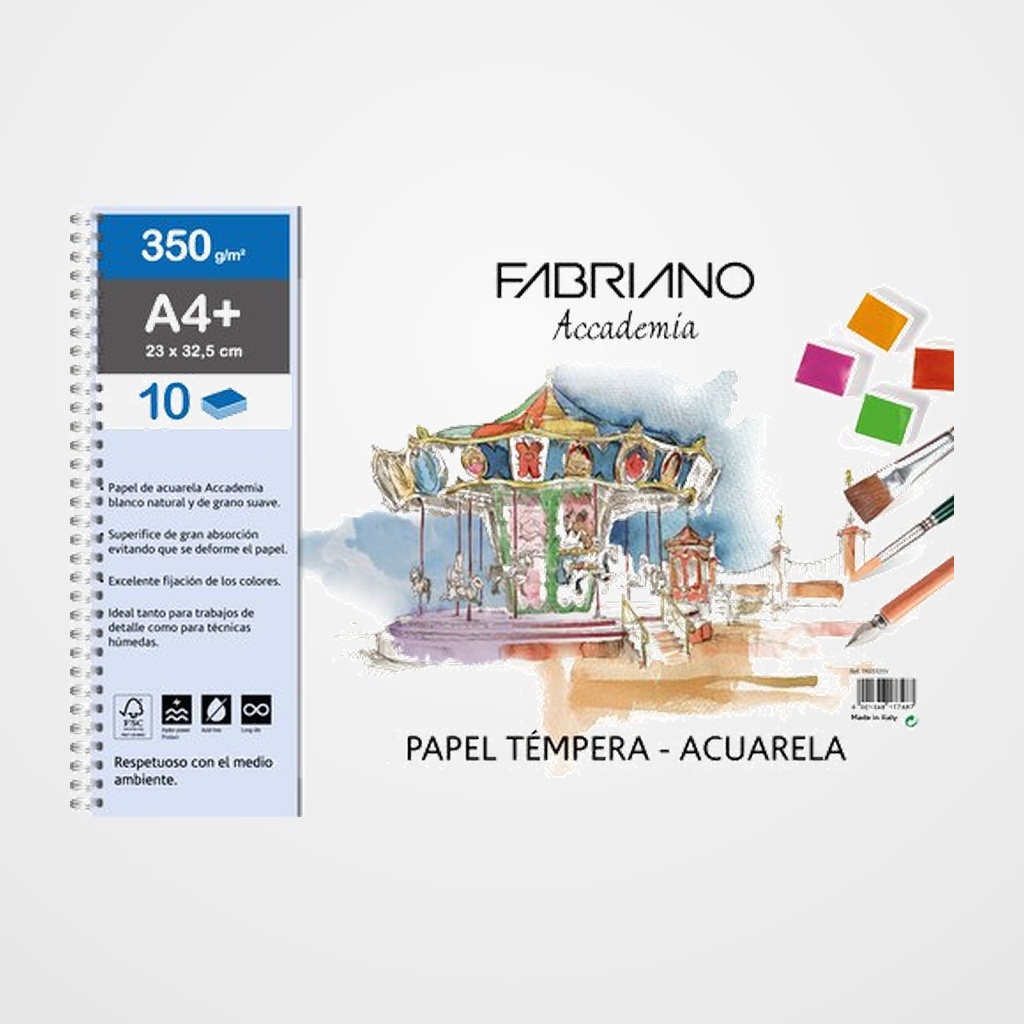 BLOC DE DIBUJO FABRIANO ACCADEMIA CON ESPIRAL LISO TECNICAS HUMEDAS A4+ 350g 10h