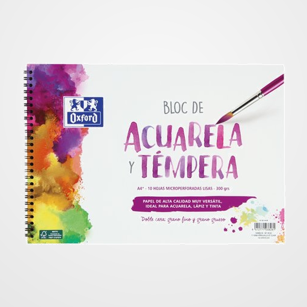 BLOC DE DIBUJO OXFORD ACUARELA CON ESPIRAL DOBLE CARA GRANO FINO Y GRUESO A4+ 300g 10h