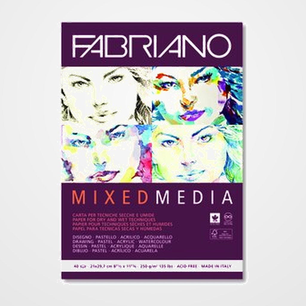 BLOC DE DIBUJO FABRIANO MIXED MEDIA ENCOLADO LISO TECNICAS MIXTAS (SECAS Y HUMEDAS) A4 250g 40h