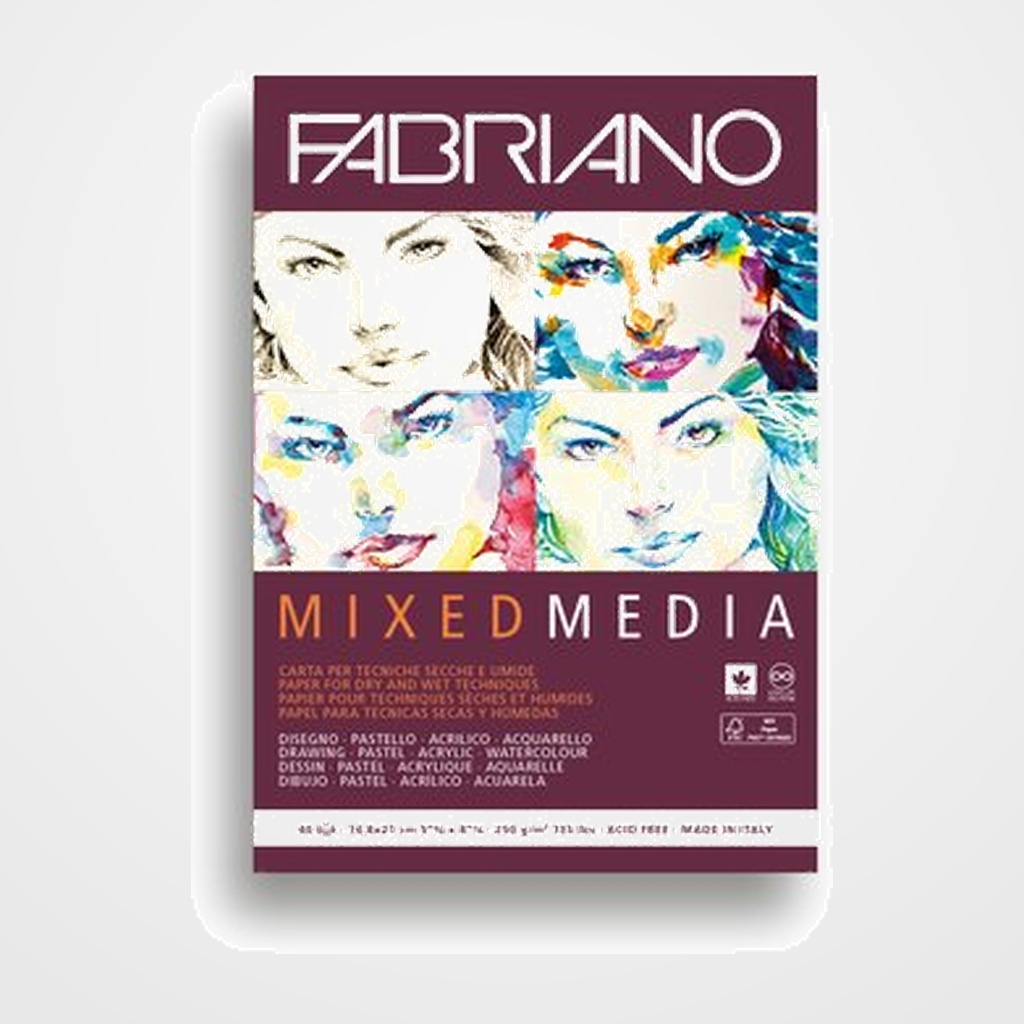 BLOC DE DIBUJO FABRIANO MIXED MEDIA ENCOLADO LISO TECNICAS MIXTAS (SECAS Y HUMEDAS) A5 250g 40h