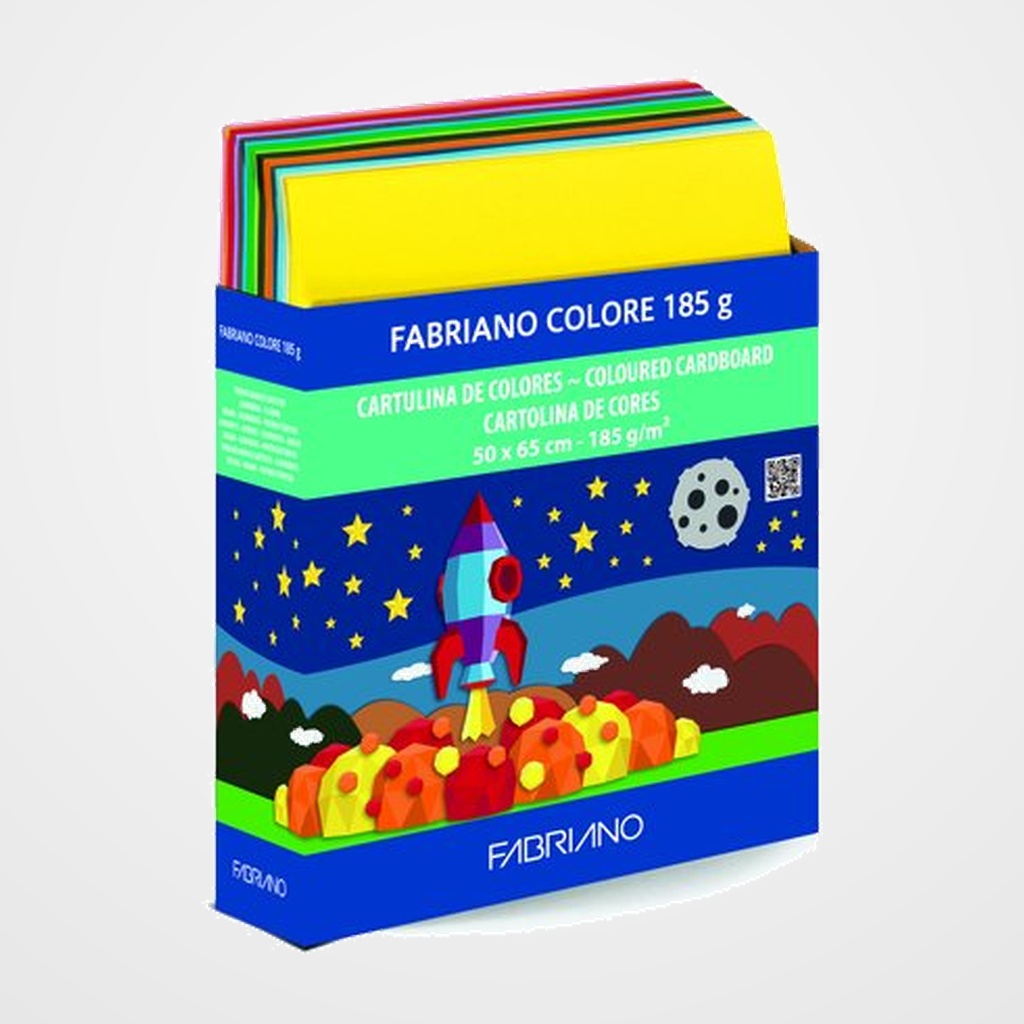 CARTULINA 50x65 FABRIANO COLORE 185g EXPOSITOR+CONTENIDO 450 uds (50xAm. Canario, rojo y negro,25xamarilllo intenso, naranja, rosa,violeta, azul cielo, turquesa, azul marino, lima, verde intenso, terracota, crema y gris)
