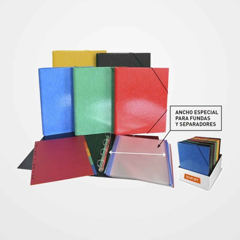 CARPETA de ANILLAS SENFORT ANCHO ESPECIAL CARTON FORRADO Fº 4 an.30mm SURTIDO EXPOSITOR DE 10