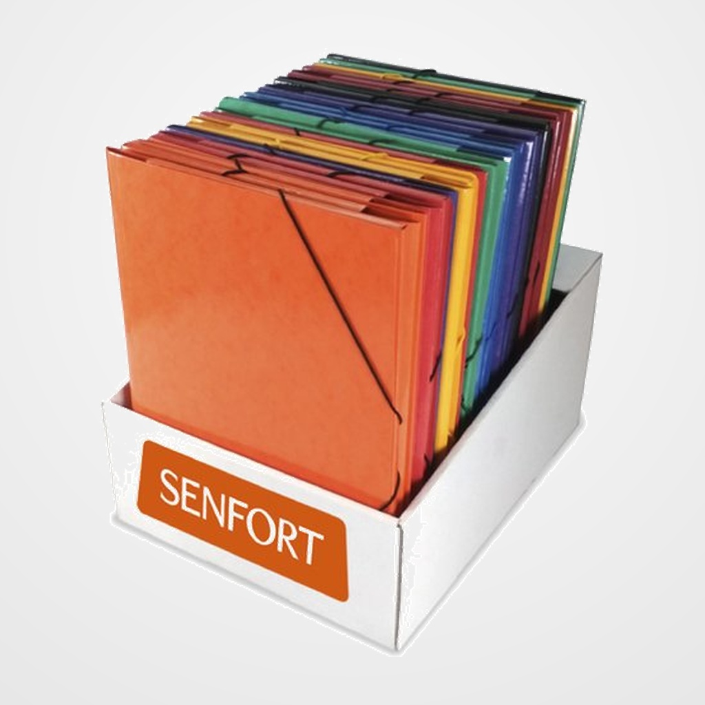 CARPETA de GOMAS y SOLAPAS SENFORT LASER CARTON PLASTIFICADO BRILLO Fº SURTIDO EXPOSITOR DE 24