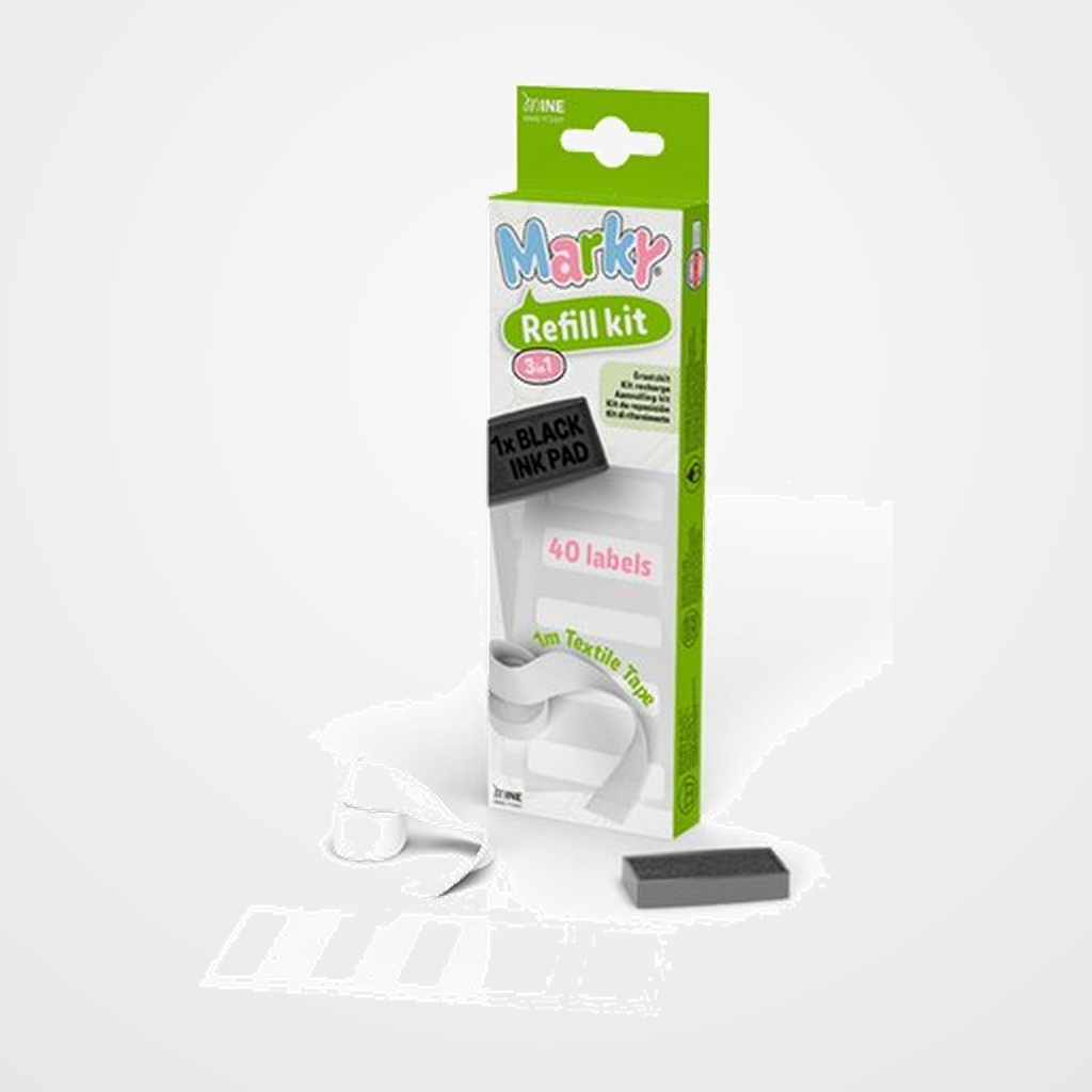 KIT DE RECAMBIOS PARA SELLO AUTOMATICO MINE DIY MARKY (1x cinta blanca termoadhesiva, 40x etiquetas y 1x cartucho de tinta)