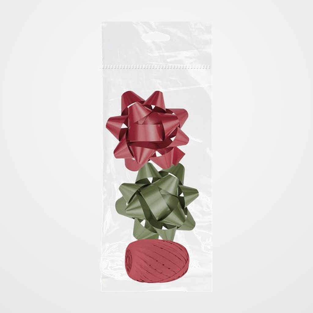 MOÑAS/COCAS DOHE de  10 mm CHIC ROJO Y VERDE PACK DE 2 + RAFIA 10 mm x 10 m ROJO