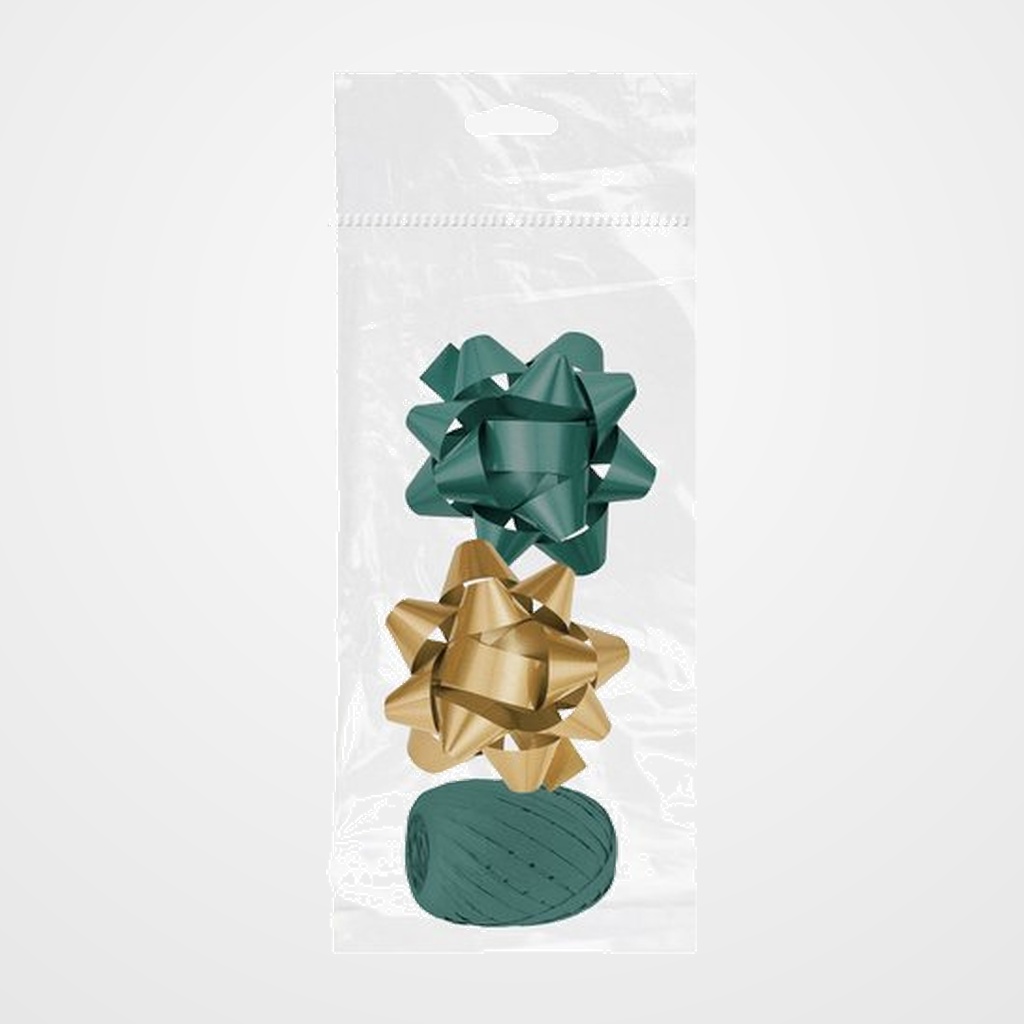 MOÑAS/COCAS DOHE de  10 mm CHIC VERDE Y ORO PACK DE 2 + RAFIA 10 mm x 10 m VERDE