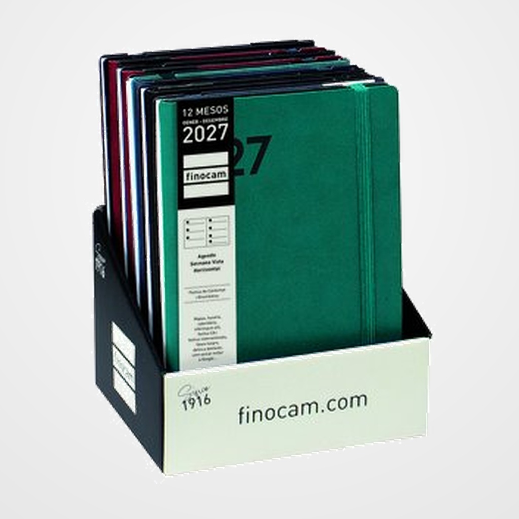 AGENDA ANUAL (2027) CATALAN FINOCAM DYNAMIC MARA COSIDA tapa FLEXIBLE con GOMA Y10 140x204 S/V APAIS. ASSORTIMENT EXPOSITOR DE 10