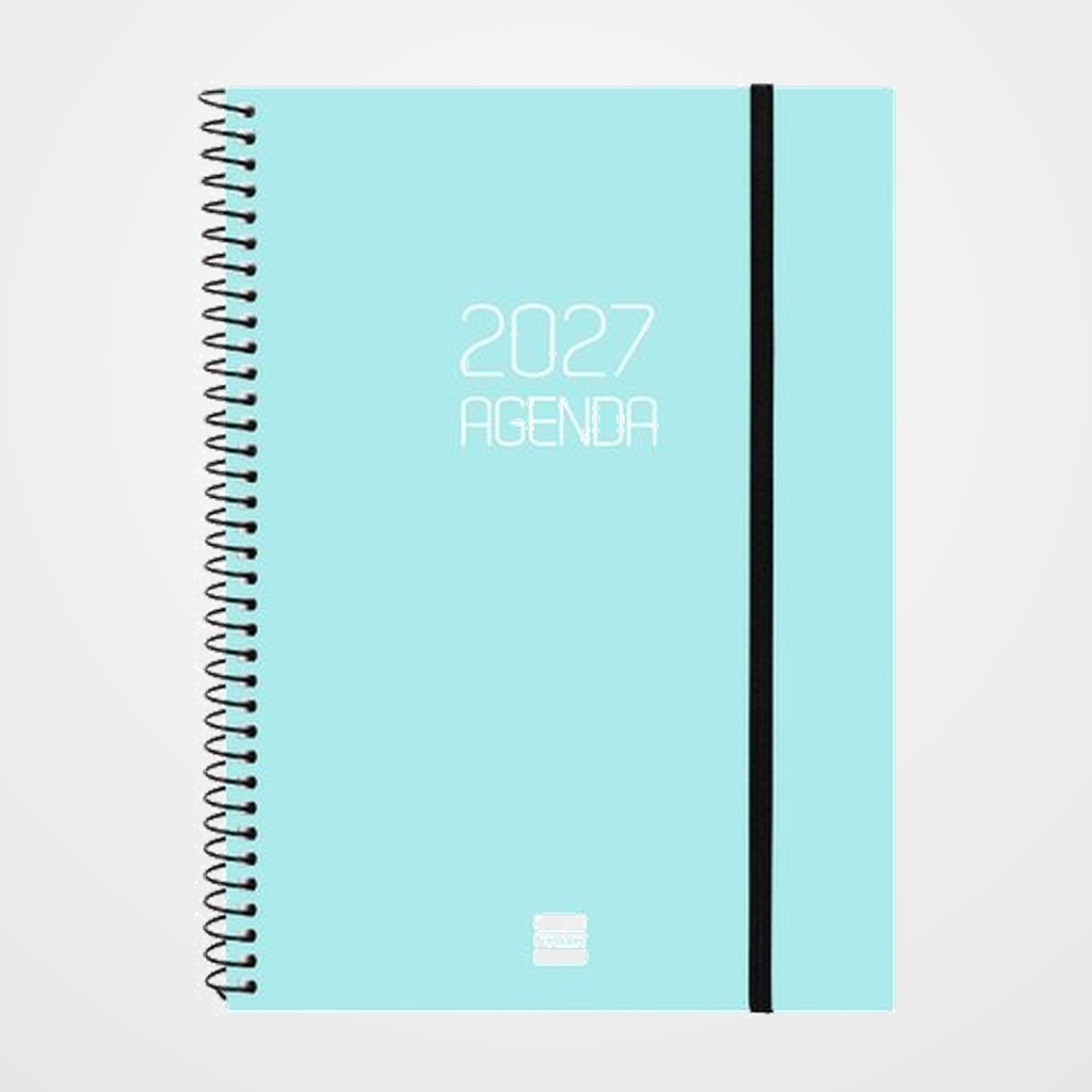 AGENDA ANUAL (2027) CATALAN FINOCAM ESPIRAL BASIC OPAQUE tapa PP con GOMA E10 155x212 S/V APAIS. CELESTE