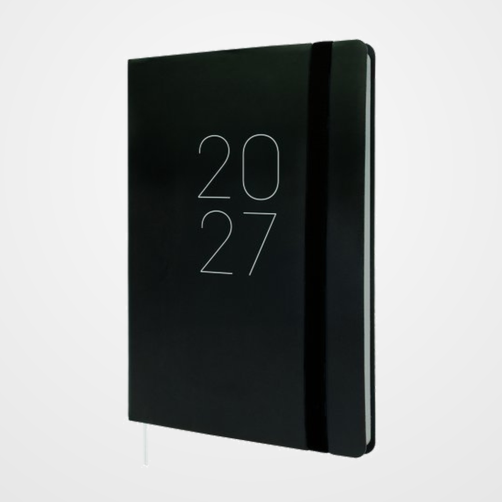 AGENDA ANUAL (2027) CATALAN FINOCAM FLEXI LISA COSIDA tapa FLEXIBLE con GOMA FA5 148x210 S/V NEGRE