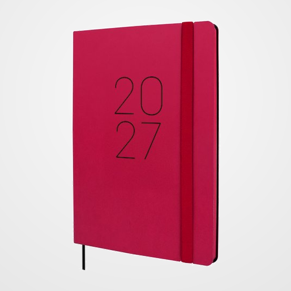 AGENDA ANUAL (2027) CATALAN FINOCAM FLEXI LISA COSIDA tapa FLEXIBLE con GOMA FA5 148x210 S/V VERMELL