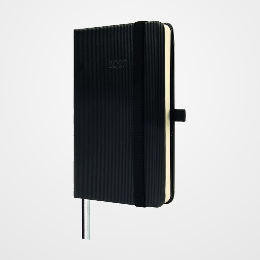 AGENDA ANUAL (2027) CATALAN FINOCAM MINIMAL TEXTURA COSIDA tapa DURA con GOMA M2 82x127 S/V APAIS. NEGRE