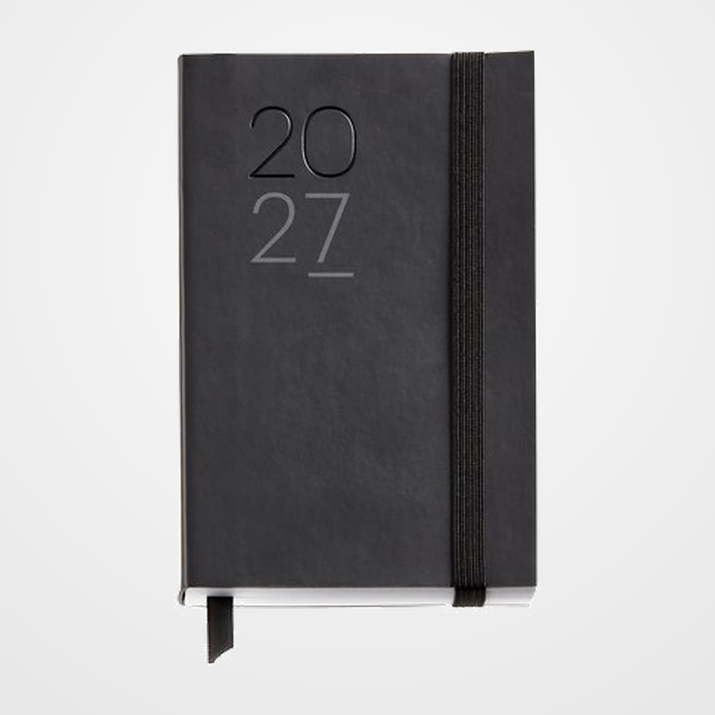 AGENDA ANUAL (2027) CATALAN MIQUELRIUS BASIC LUXOR COSIDA tapa SIMIL PIEL con GOMA PASSPORT 90x140 D/P NEGRE