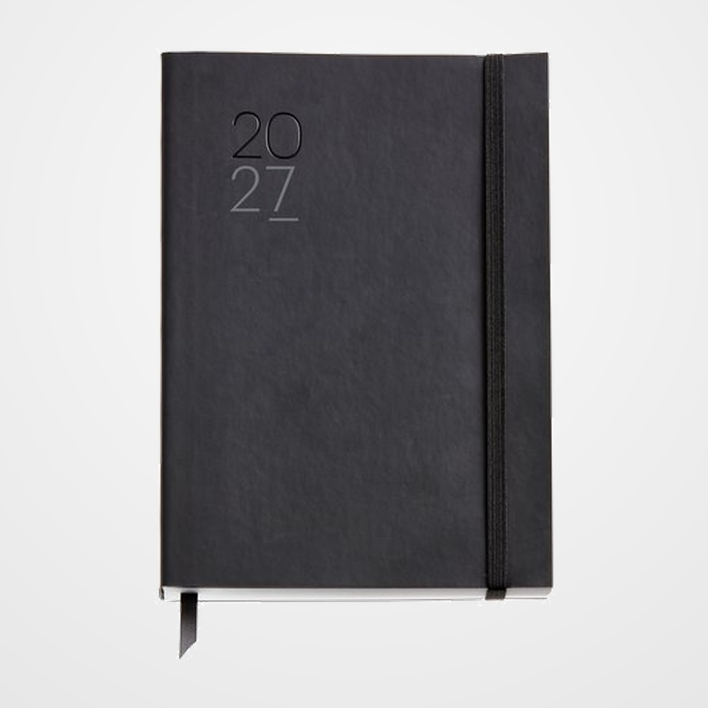 AGENDA ANUAL (2027) CATALAN MIQUELRIUS BASIC LUXOR COSIDA tapa SIMIL PIEL con GOMA PLUS 155x213 D/P NEGRE