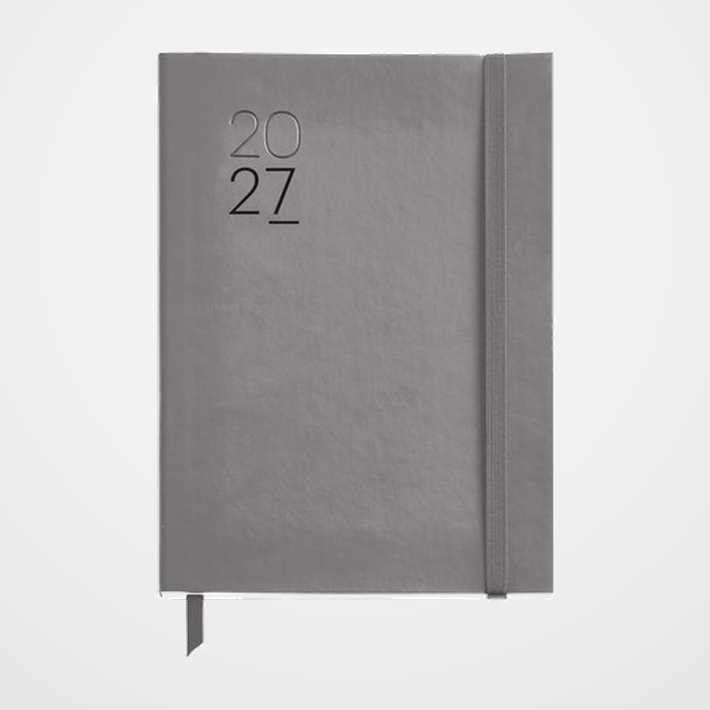 AGENDA ANUAL (2027) CATALAN MIQUELRIUS BASIC LUXOR COSIDA tapa SIMIL PIEL con GOMA PLUS 155x213 S/VV GRIS