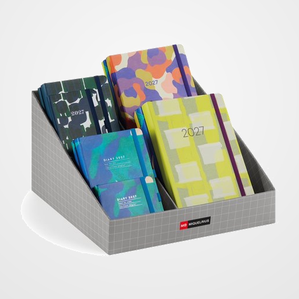 AGENDA ANUAL (2027) CATALAN MIQUELRIUS GRAFICA COSIDA tapa EXTRA con GOMA ASSORTIMENT EXPOSITOR DE 26