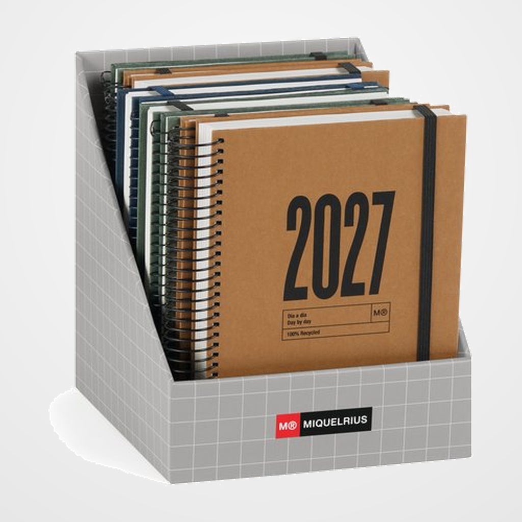 AGENDA ANUAL (2027) CATALAN MIQUELRIUS RECYCLED ESPIRAL tapa DURA con GOMA PLUS 155x213 ASSORTIMENT EXPOSITOR DE 10