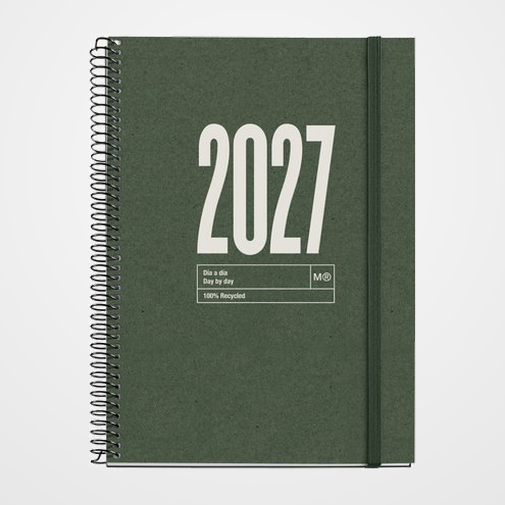 AGENDA ANUAL (2027) CATALAN MIQUELRIUS RECYCLED ESPIRAL tapa DURA con GOMA PLUS 155x213 S/V APAIS. DARK GREEN