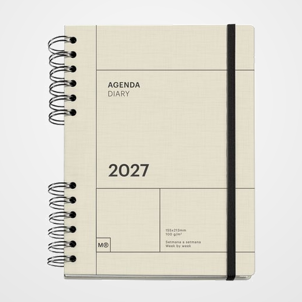 AGENDA ANUAL (2027) CATALAN MIQUELRIUS TRENDS BACK TO BASICS WIRE-O tapa EXTRA con GOMA PLUS 155x213 S/V APAIS. CREMA