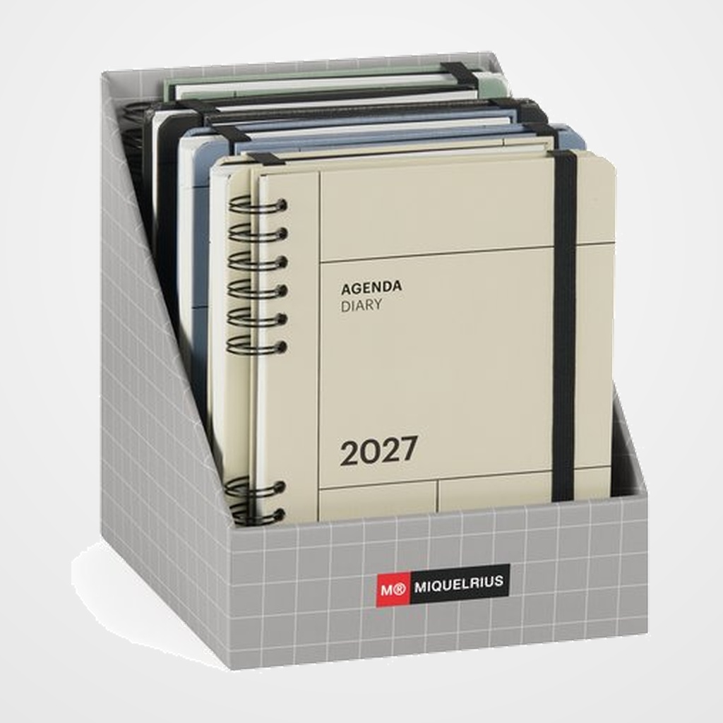AGENDA ANUAL (2027) CATALAN MIQUELRIUS TRENDS BACK TO BASICS WIRE-O tapa EXTRA con GOMA PLUS 213x155 ASSORTIMENT EXPOSITOR DE 10