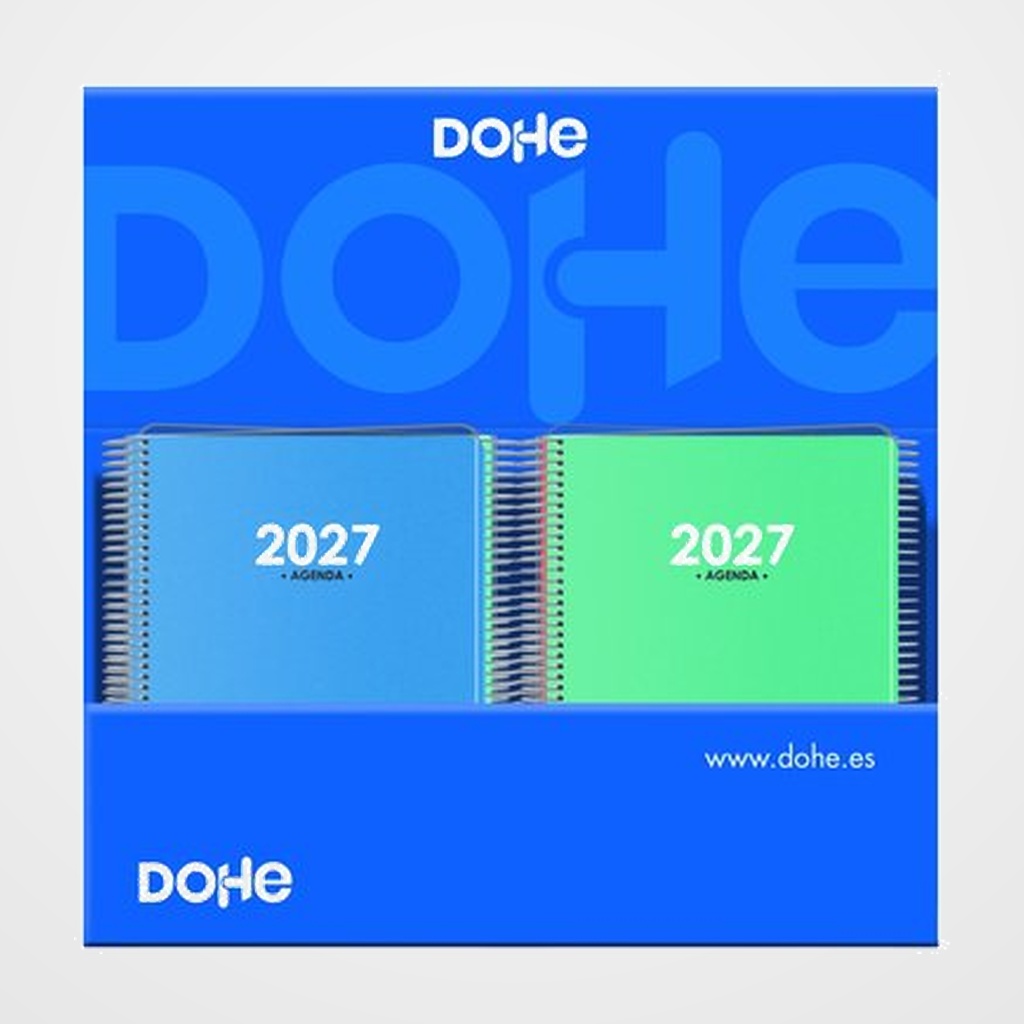 AGENDA ANUAL (2027) DOHE METROPOLI ESPIRAL tapa PP 150x210 D/P EXPOSITOR DE 10 3x VERDE Y ROJO 4x AZUL