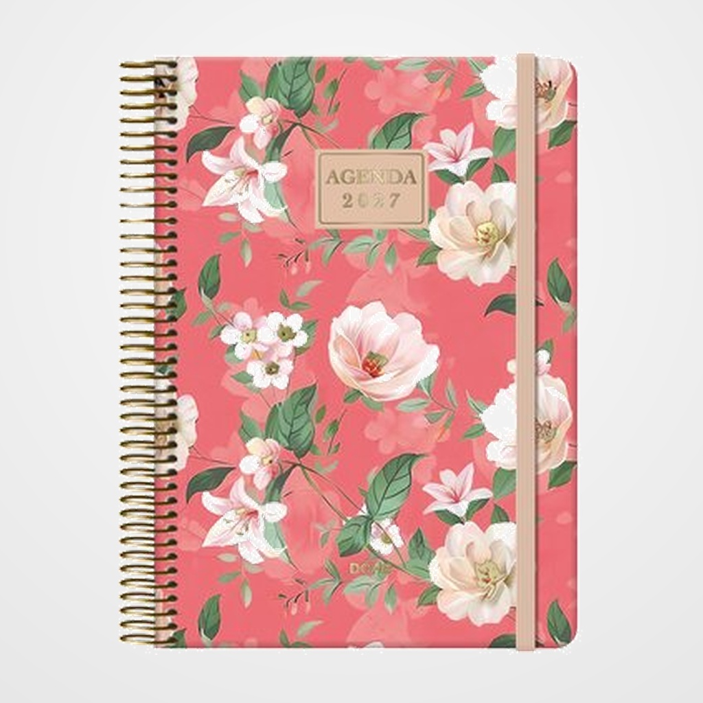 AGENDA ANUAL (2027) DOHE VELVET FLORES ESPIRAL tapa EXTRA con GOMA 140x200 D/P CORAL