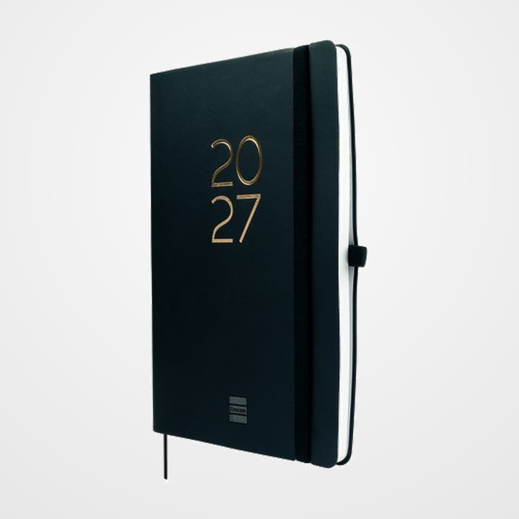 AGENDA ANUAL (2027) FINOCAM INTERNACIONAL CAPRI COSIDA tapa BLANDA con GOMA FA5 148x210 S/V NEGRO