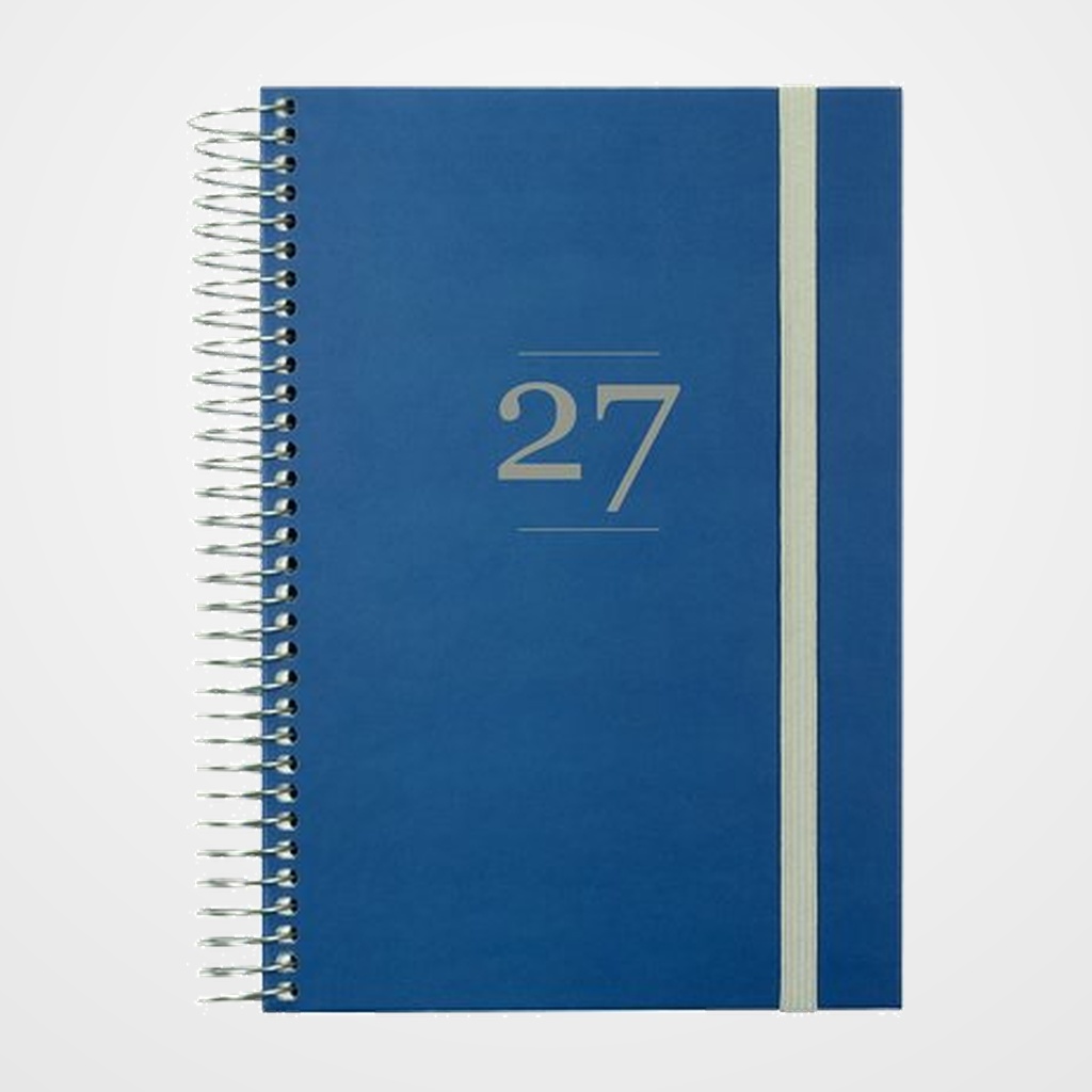 AGENDA ANUAL (2027) FINOCAM INTERNACIONAL MODA ESPIRAL tapa EXTRA con GOMA 4º 140x204 D/P AZUL