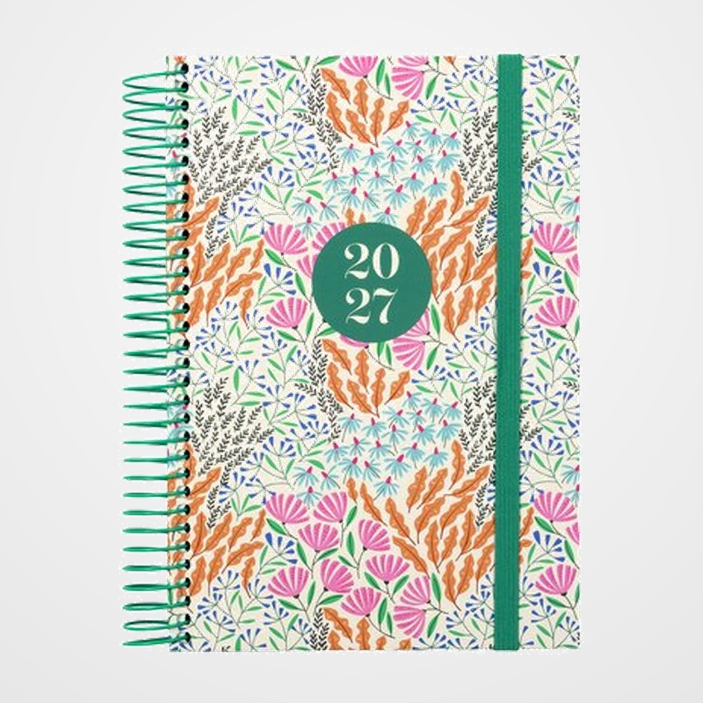 AGENDA ANUAL (2027) FINOCAM INTERNACIONAL MODA ESPIRAL tapa EXTRA con GOMA 4º 140x204 D/P ESPIGA