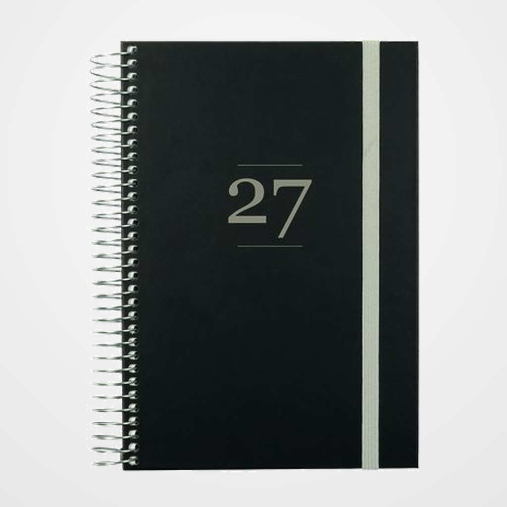AGENDA ANUAL (2027) FINOCAM INTERNACIONAL MODA ESPIRAL tapa EXTRA con GOMA 4º 140x204 D/P NEGRO