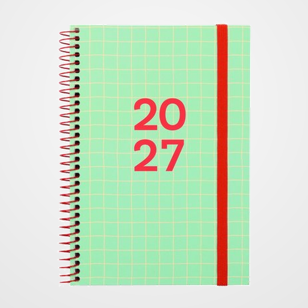 AGENDA ANUAL (2027) FINOCAM INTERNACIONAL MODA ESPIRAL tapa EXTRA con GOMA 4º 140x204 S/V CUADROS