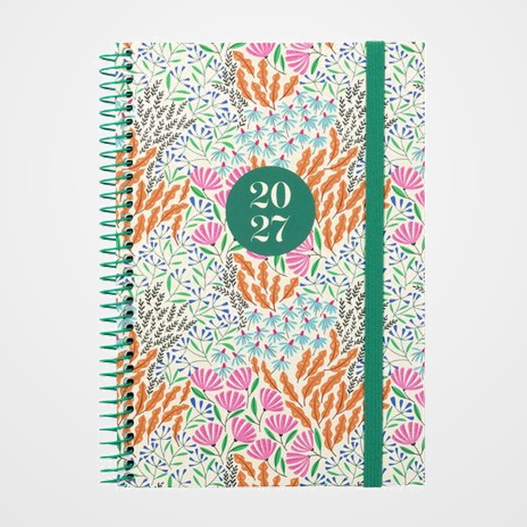 AGENDA ANUAL (2027) FINOCAM INTERNACIONAL MODA ESPIRAL tapa EXTRA con GOMA 4º 140x204 S/V ESPIGA