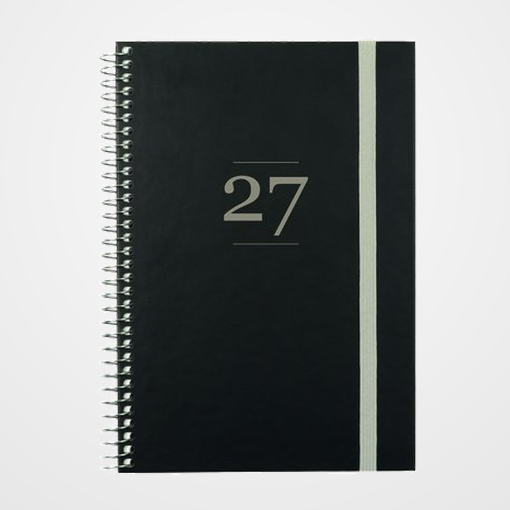 AGENDA ANUAL (2027) FINOCAM INTERNACIONAL MODA ESPIRAL tapa EXTRA con GOMA 4º 140x204 S/V NEGRO
