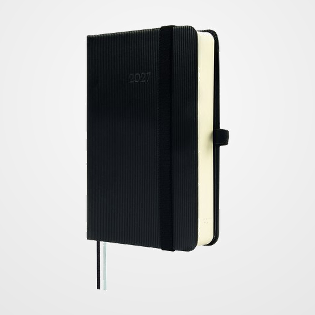 AGENDA ANUAL (2027) FINOCAM MINIMAL TEXTURA COSIDA tapa DURA con GOMA M2 82x127 D/P NEGRO