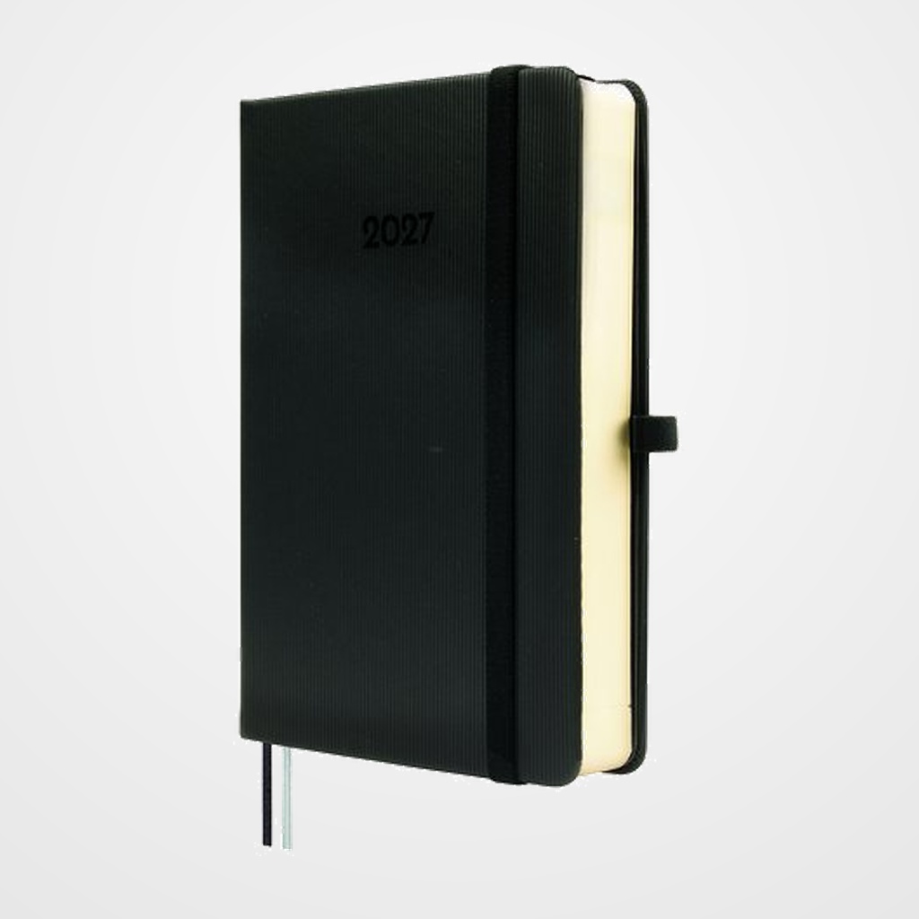 AGENDA ANUAL (2027) FINOCAM MINIMAL TEXTURA COSIDA tapa DURA con GOMA M4 118x168 D/P NEGRO