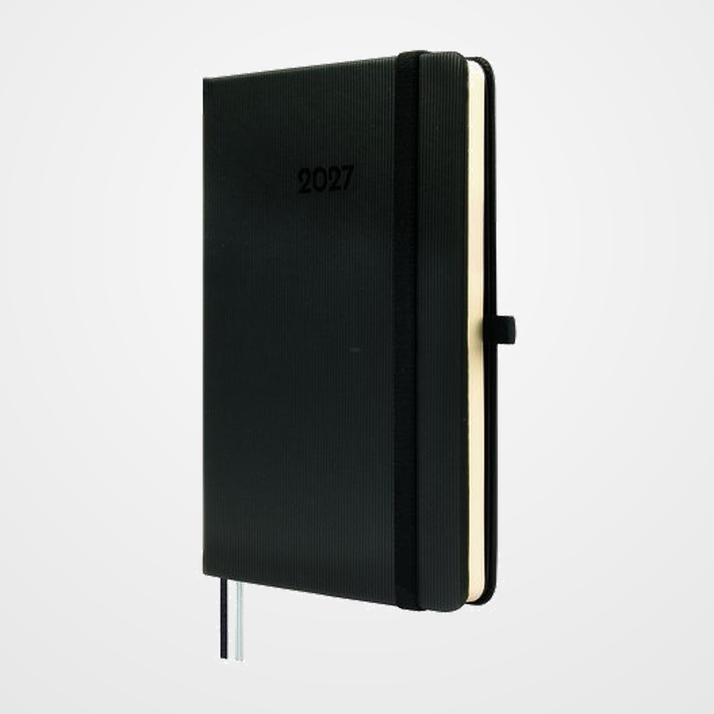 AGENDA ANUAL (2027) FINOCAM MINIMAL TEXTURA COSIDA tapa DURA con GOMA M4 118x168 S/V APAIS. NEGRO