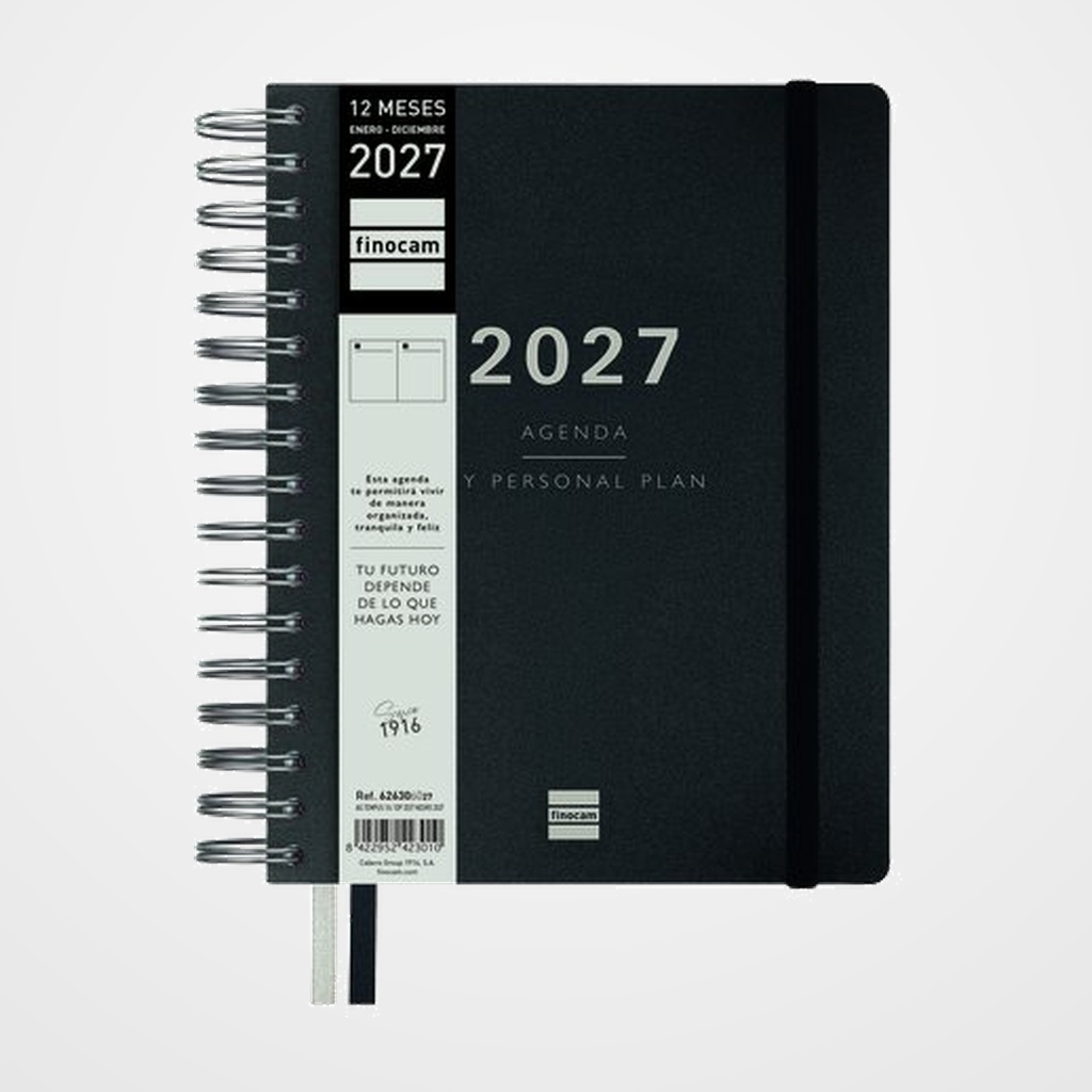 AGENDA ANUAL (2027) FINOCAM TEMPUS WIRE-O tapa PP con GOMA 4º 155x217 D/P NEGRO