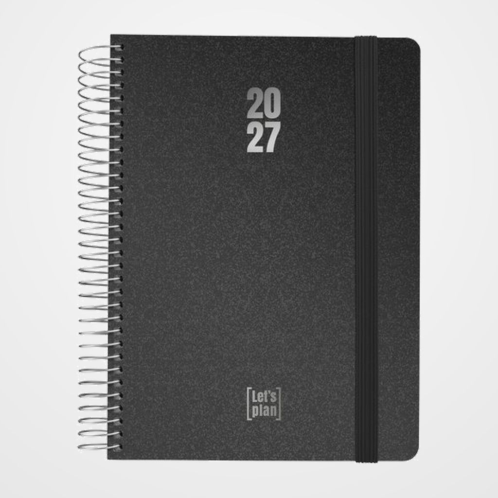 AGENDA ANUAL (2027) GRAFOPLAS METALLIC ESPIRAL tapa EXTRADURA con GOMA A5 210x150 D/P NEGRO