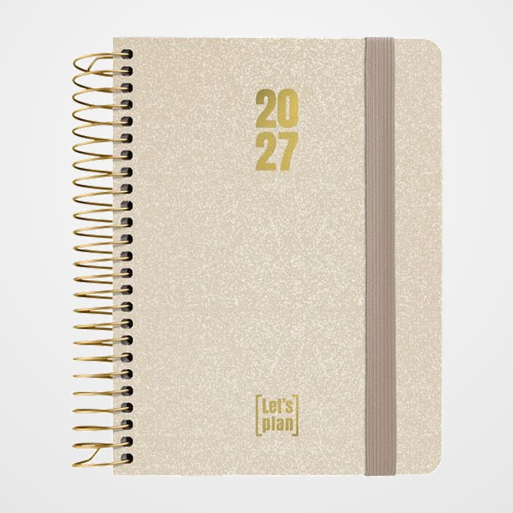 AGENDA ANUAL (2027) GRAFOPLAS METALLIC ESPIRAL tapa EXTRADURA con GOMA A6 150x120 S/V ARENA