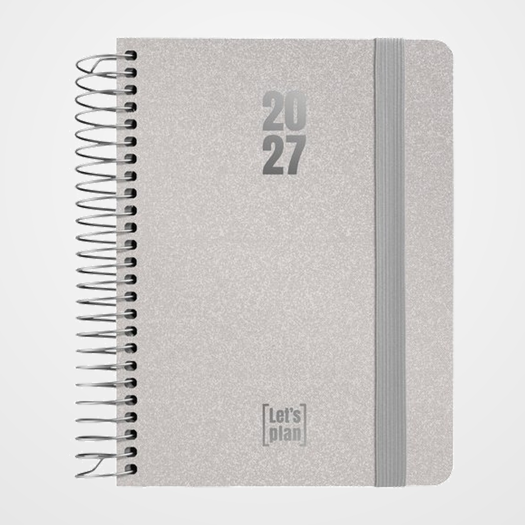 AGENDA ANUAL (2027) GRAFOPLAS METALLIC ESPIRAL tapa EXTRADURA con GOMA A6 150x120 S/V PLATA