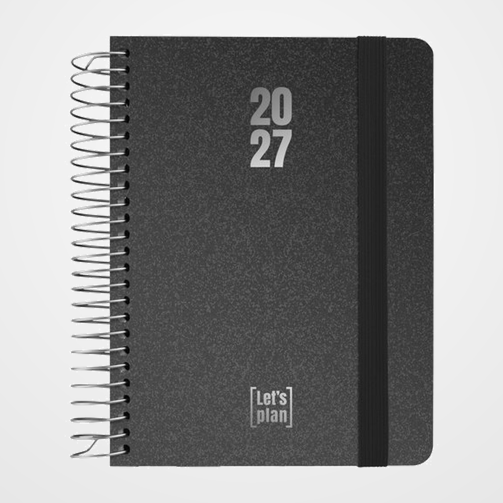 AGENDA ANUAL (2027) GRAFOPLAS METALLIC ESPIRAL tapa EXTRADURA con GOMA A6 170x145 D/P NEGRO