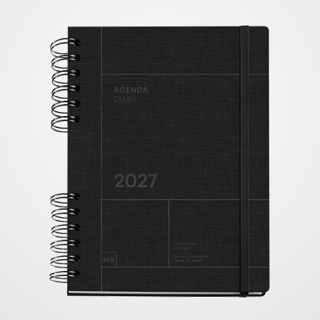 AGENDA ANUAL (2027) MIQUELRIUS TRENDS BACK TO BASICS WIRE-O tapa EXTRA con GOMA PLUS 155x213 S/V APAIS. NEGRO