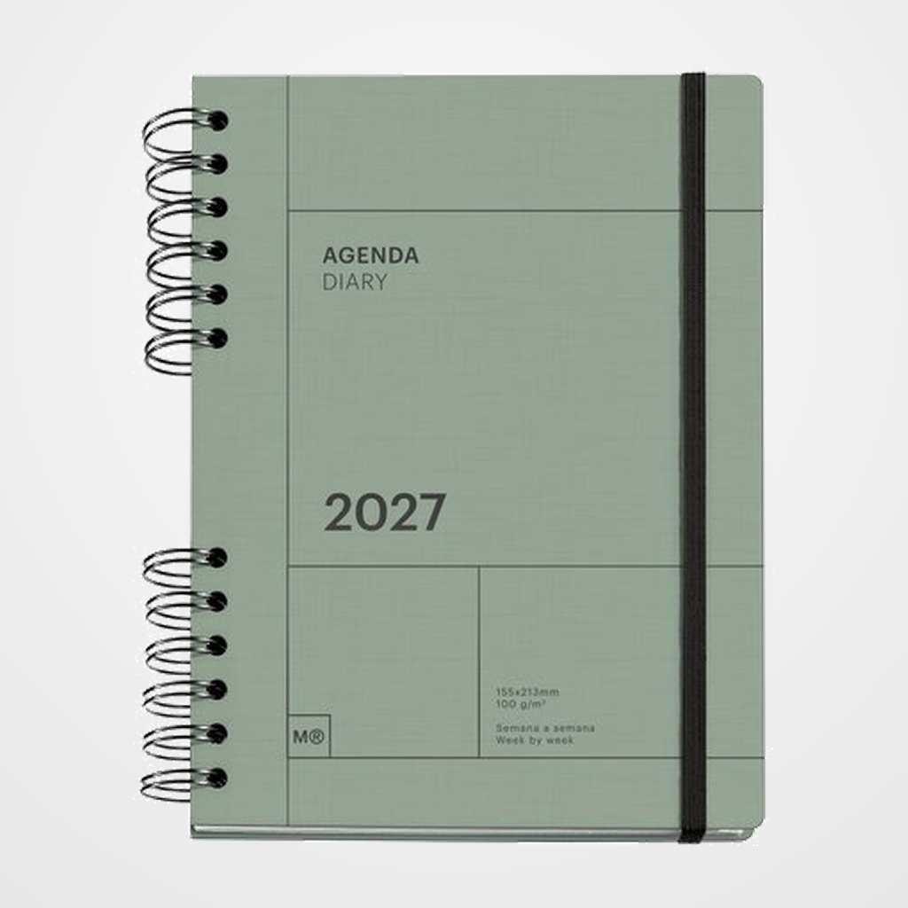 AGENDA ANUAL (2027) MIQUELRIUS TRENDS BACK TO BASICS WIRE-O tapa EXTRA con GOMA PLUS 155x213 S/V APAIS. VERDE