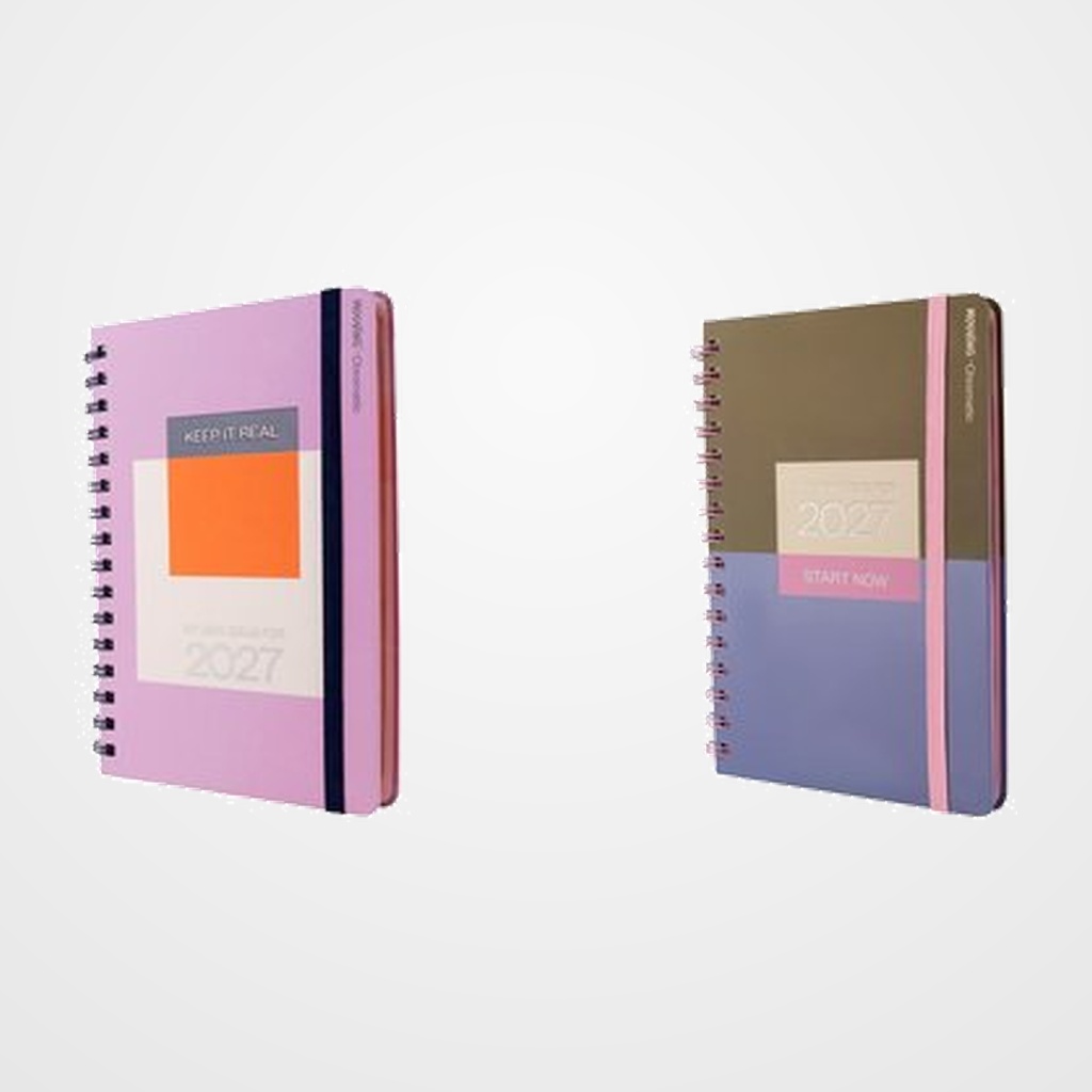 AGENDA ANUAL (2027) MOOVING CHROMATIC WIRE-O tapa EXTRA SOFT TOUCH con GOMA 150x210 S/V (2 mod.)