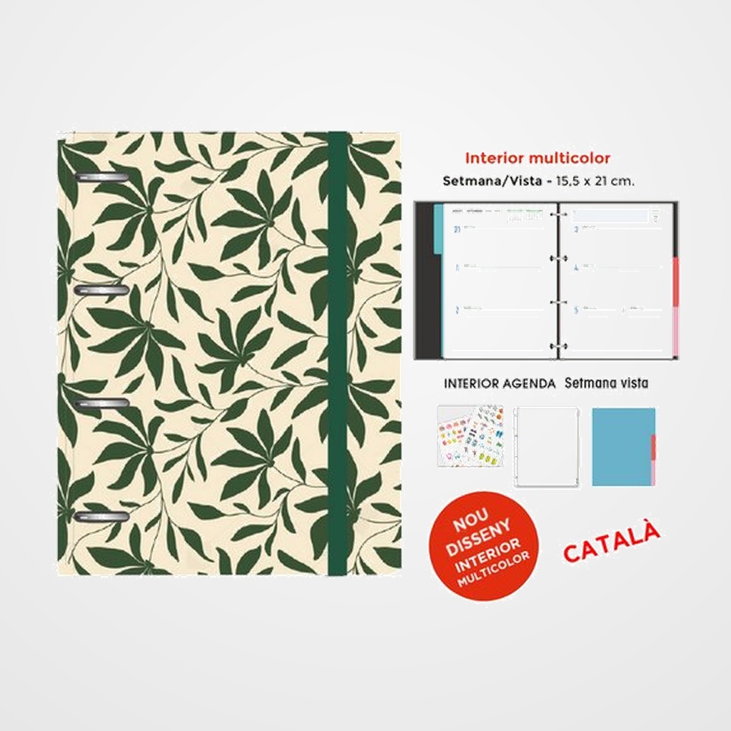 AGENDA ANUAL (2027) SENFORT CATALAN DECORADA ANELLES tapa EXTRA con GOMA 155x210 S/V FULLES VERDES